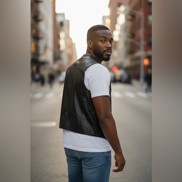 Vintage Drospo Black Leather Biker / Moto Zip Up Vest -  Size L/XL - Picture 3 of 12